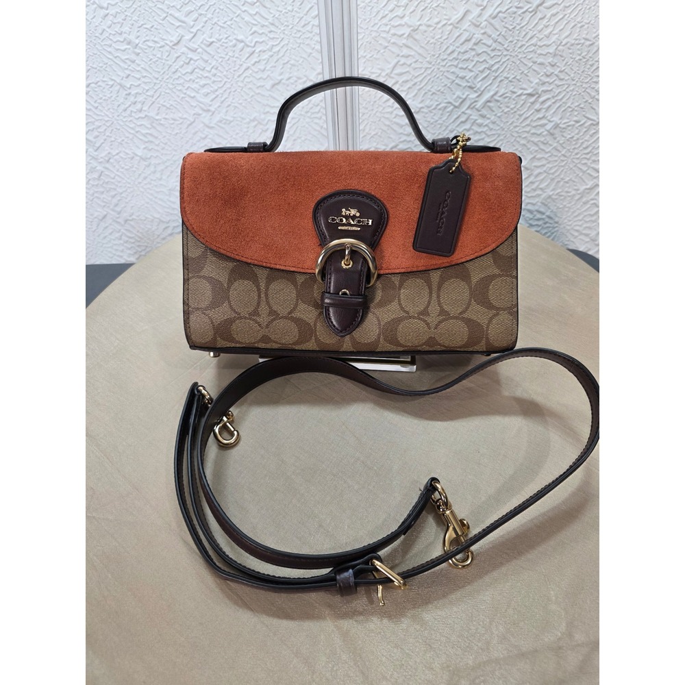 Coach Kleo Crossbody Women Brown Rust Signature Canvas Suede Excellent C8516